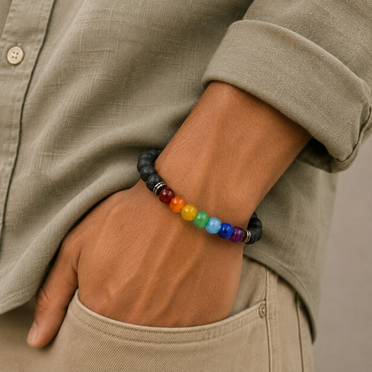 7 Chakra Lava Stone Buddha Bracelet – Infographic with bead meanings
