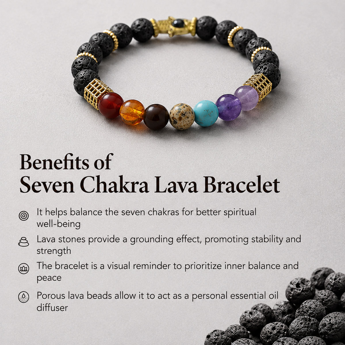 7 Chakra Lava Stone Bracelet with Hamsa charm for Balance & Energy