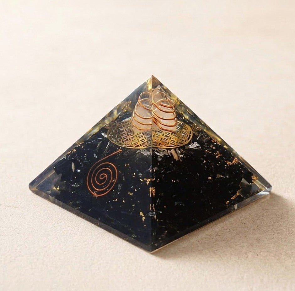 Black Tourmaline Orgonite Pyramid for Protection & Grounding