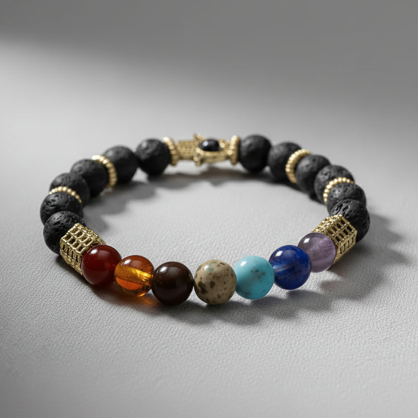 7 Chakra Lava Stone Bracelet with Hamsa charm for Balance & Energy