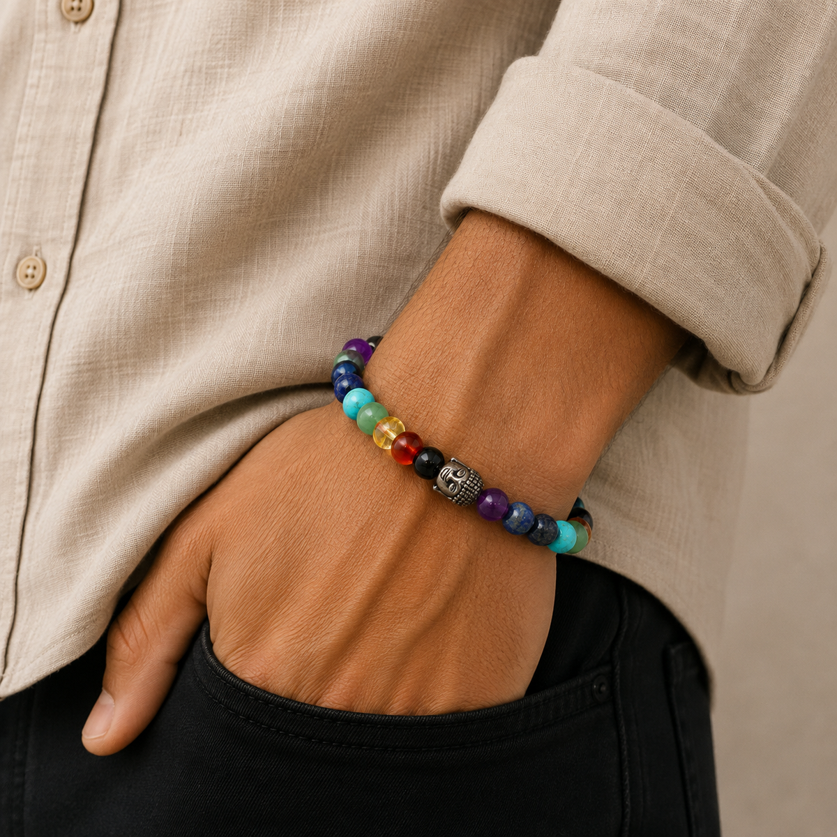 7 Chakra Buddha Charm High Quality Bracelet – Infographic with gemstone meanings