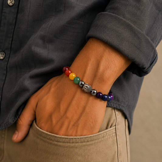 7 Chakra Natural Gemstone Buddha Charm Bracelet – Product shot on white background
