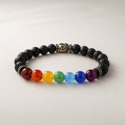 7 Chakra Lava Stone Buddha Bracelet – Lifestyle shot on wrist