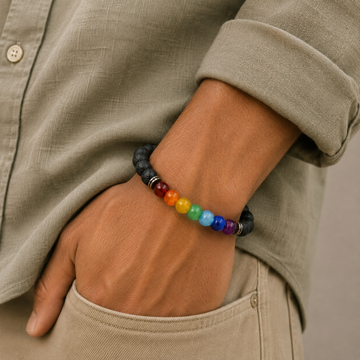 7 Chakra Lava Stone Buddha Bracelet – Infographic with bead meanings