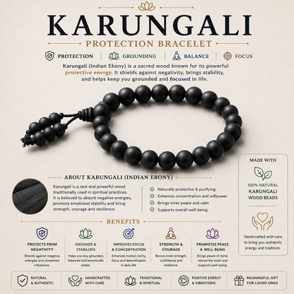 Natural Karungali Bracelet infographic - Protection Grounding Balance Focus