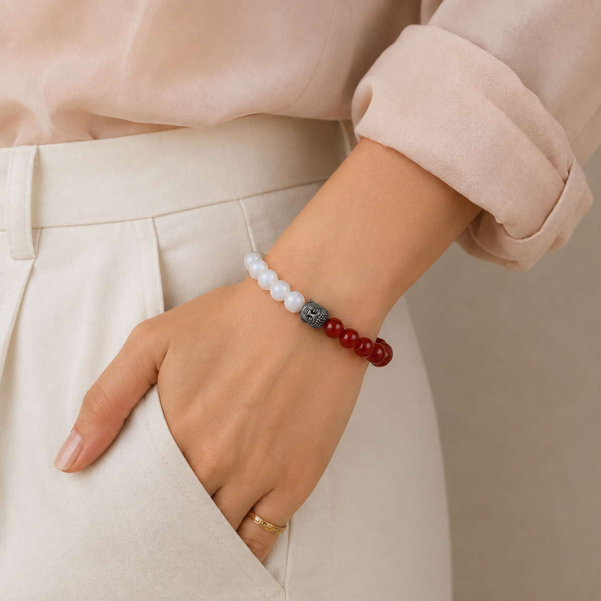 PCOD Balance Bracelet – Carnelian, Rose Quartz and Rainbow Moonstone with Buddha charm