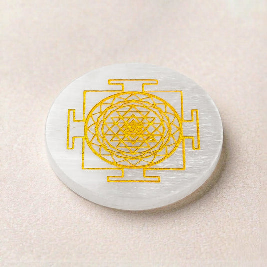 Selenite Round Charging Plate – Shree Yantra Symbol